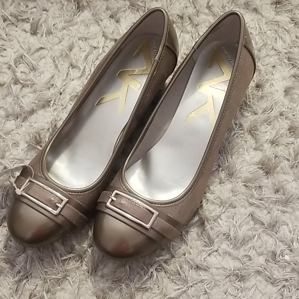 Anne Klein Metallic Taupe Loafers with Buckle